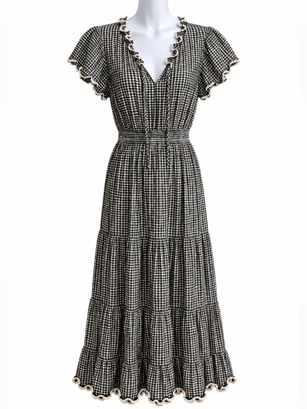 0203 Max Studio Black Gingham Ruffle Tiered Maxi Dress XS Prairie Farmhouse Fall